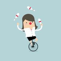 Businesswoman juggling while cycling with red nose. vector