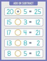 página educativa para niños pequeños sobre sumas y restas. vector