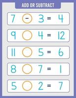 Educational page for young children on addition and subtraction. vector