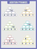 Mathematical addition pyramid game, math worksheet for kids vector