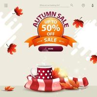 Autumn sale, template in a minimalist light style with mug of hot tea vector