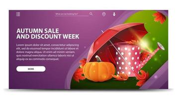 Venta de otoño y semana de descuentos, banner web con regadera de jardín. vector