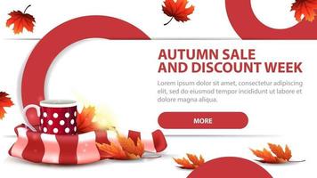 Venta de otoño y semana de descuentos, banner de descuento con taza de té caliente. vector