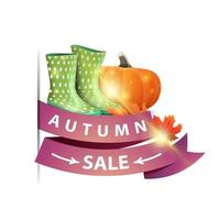 Autumn sale, isolated web banner with ribbon, rubber boots and pumpkin vector