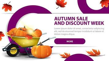 Autumn sale and discounts week, banner with garden wheelbarrow vector