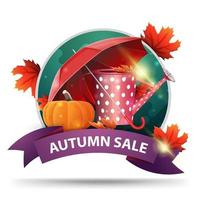 Autumn sale, round discount clickable web banner with ribbon vector