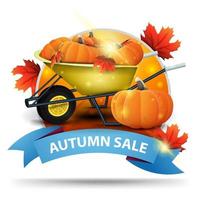 Autumn sale, round discount banner with harvest of pumpkins vector