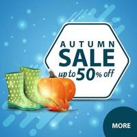 Autumn sale, square discount web banner with rubber boots and pumpkin vector