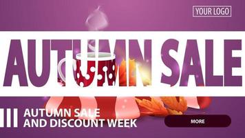 Autumn sale, creative purple discount web banner with mug of hot tea vector