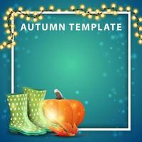 Autumn template with garland, place for text, rubber boots and pumpkin vector