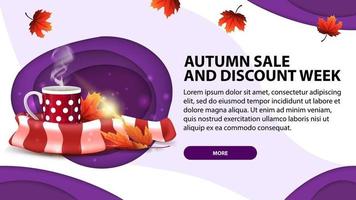 Venta de otoño la semana de descuentos, banner web en estilo de corte de papel. vector