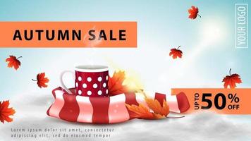 Autumn sale, light discount web banner with mug of hot tea vector