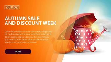 venta de otoño y semana de descuentos, pancarta con regadera y calabaza vector