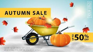 Autumn sale, banner with garden wheelbarrow with a harvest of pumpkins vector