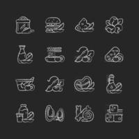 Soy foods chalk white icons set on dark background vector