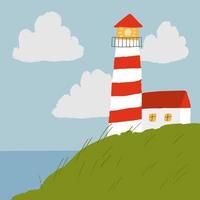 Vector scene with lighthouse and sea. Simple illustration for children