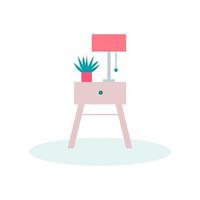 Side Table with Lamp and Succulent Flat Vector Illustration