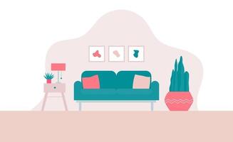 interior de la casa con sofá, mesa auxiliar e ilustración de planta vector