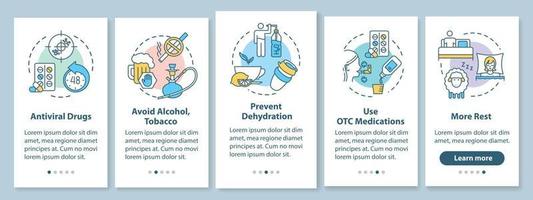 Flu treatment onboarding mobile app page screen with concepts vector