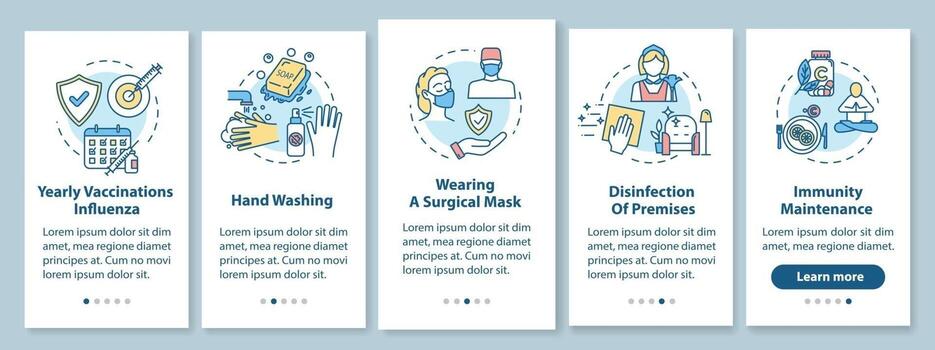Flu prevention onboarding mobile app page screen with concepts vector