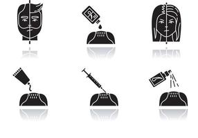 Hair loss drop shadow black glyph icons set vector