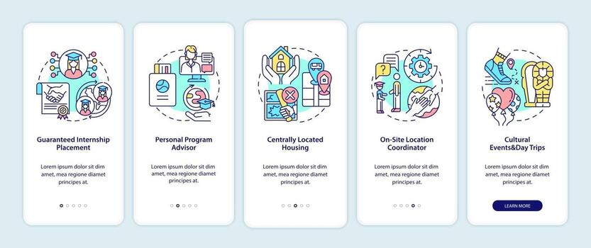 Beneficios del programa de pasantías Pantalla de la página de la aplicación móvil de incorporación vector