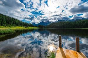 Small dock on mountain lake photo
