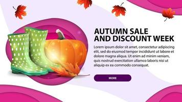 Venta de otoño la semana de descuentos, banner web en estilo de corte de papel. vector