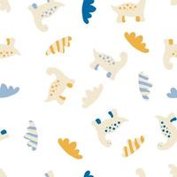Hand drawn vector seamless pattern of dinosaurs and clouds