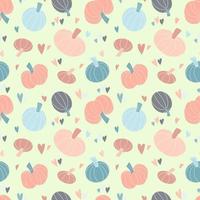 Cute seamless pattern with pastel pumpkins hand drawn, colorful hearts vector