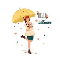 Girl stands under yellow umbrella illustration with Hello Autumn lettering vector