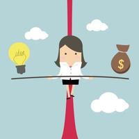 empresaria equilibrio sobre la cuerda con ideas y dinero. vector