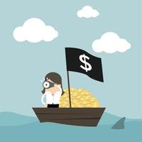 Businesswoman on money boat watching through telescope. vector