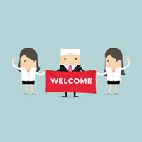 Businesswoman and boss holding welcome sign. vector