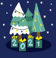 Christmas new year festive trees and gifts. 2021 new year card vector