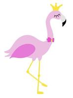 Cute flamingo with crown and bow. Vector flat illustration