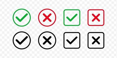 Check mark icon set. Green check marks and red crosses.