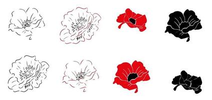 Poppy. Icon set. Red black flowers on white background. Isolated vector