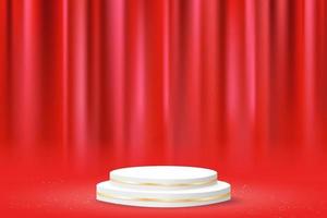 minimal geometric podium with red curtain. 3d vector illustration