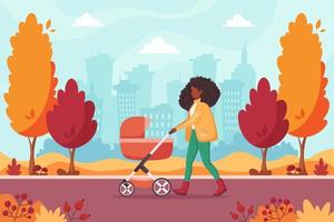 African american woman walking with baby carriage in autumn park vector