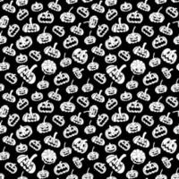 Seamless pattern of white silhouettes of pumpkins and leaves, doodles vector