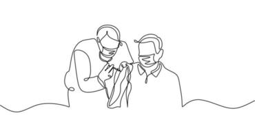 One continuous line of a male doctor injecting vaccine to a man vector
