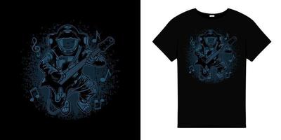 T-shirt design with astronaut playing guitar in blue color. vector