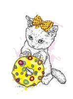 Cute kitten and colorful donut vector