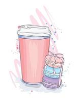 Large glass of coffee and beautiful cakes vector