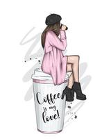 Beautiful girl in stylish clothes and a glass of coffee vector