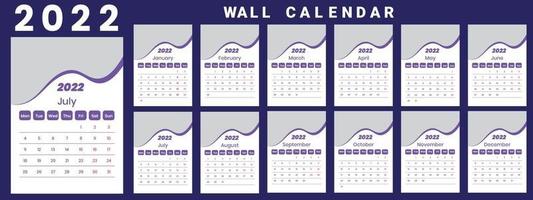 Wall Calendar 2022 week start Monday corporate design template vector