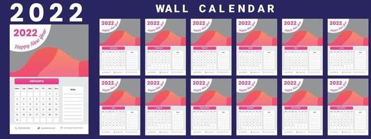 Wall Calendar 2022 week start Monday corporate design template vector
