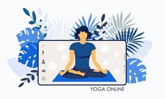 yoga en línea. Entrenador de niña en una pantalla de teléfono inteligente lleva a cabo vector