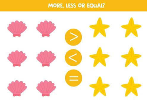 More, less, equal with starfish and seashell. Math comparison. vector